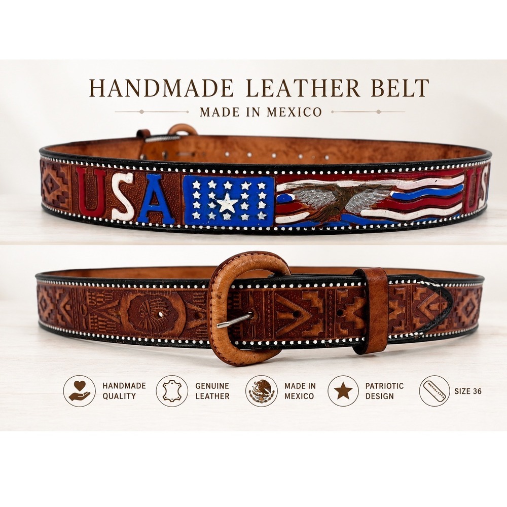 Vintage Women's USA Patriotic Eagle Leather Belt Size 36 Handmade Mexico